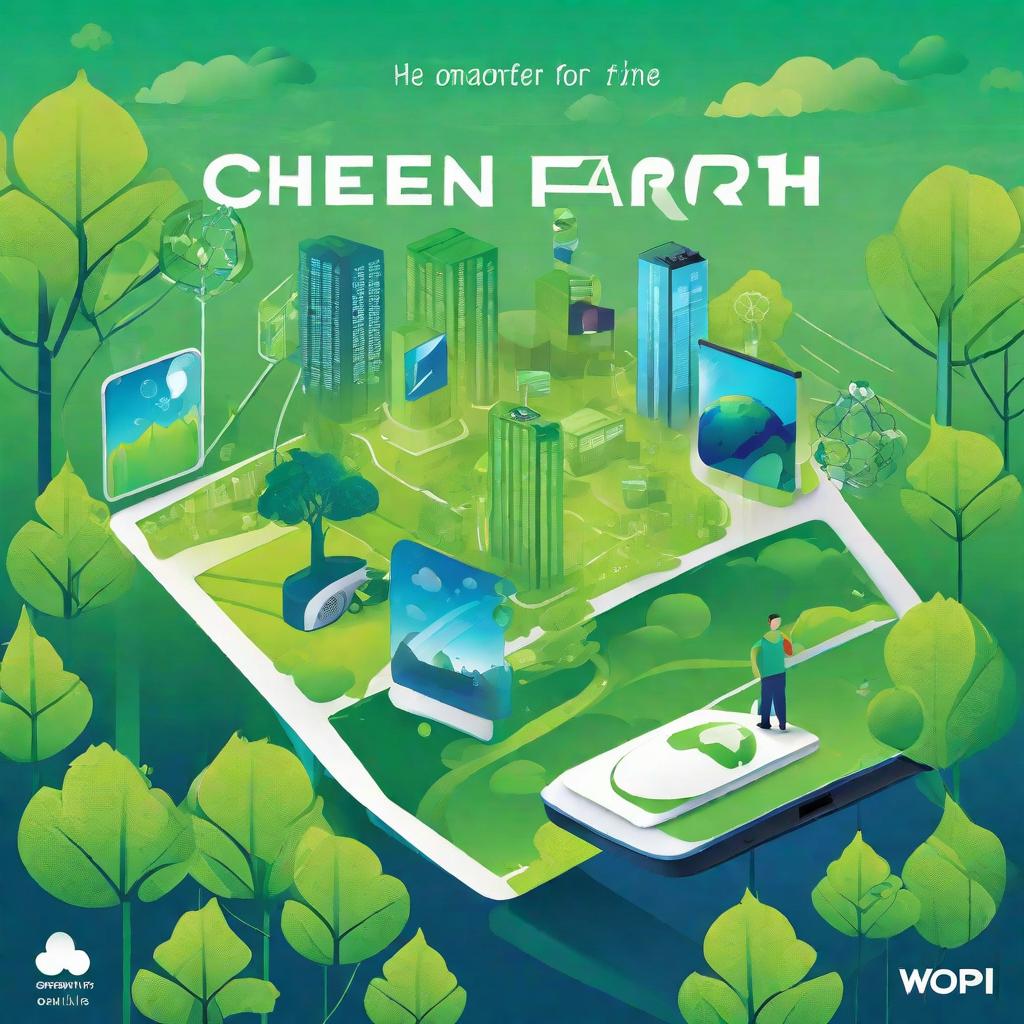  masterpiece, best quality,Background design: fresh green and blue gradient, representing harmony between nature and society. Core image design: a young man occupies the right half of the picture facing left to organize an online environmental campaign through the network of connected Wopi. He uses smart devices to present his environmental projects, and the screen displays the slogan "cheer for the earth". Occupy the right half of the picture facing left