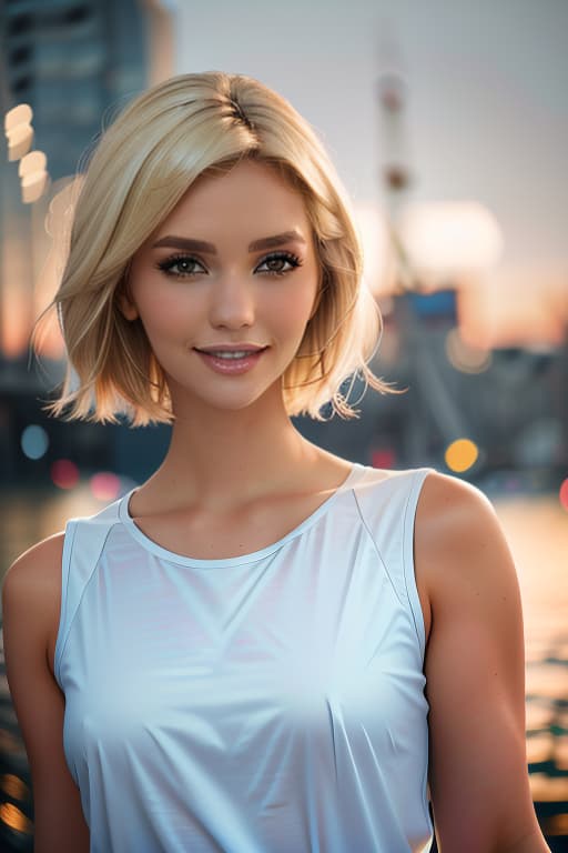  1girl,1girl,blonde short hair,straight hair,upper body shot,shirt,smile hyperrealistic, full body, detailed clothing, highly detailed, cinematic lighting, stunningly beautiful, intricate, sharp focus, f/1. 8, 85mm, (centered image composition), (professionally color graded), ((bright soft diffused light)), volumetric fog, trending on instagram, trending on tumblr, HDR 4K, 8K