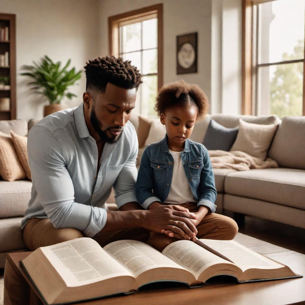  An African-American male teaching his children how to pray. The scene is warm and serene, inside a cozy living room. The father, dressed in casual clothes, is kneeling on a soft carpet with his children next to him. The children, a boy and a girl, are also kneeling with their heads bowed and hands clasped together. The room is softly lit with a few family photos on the wall, a couch in the background, and a coffee table with an open Bible on it. The atmosphere exudes love, faith, and togetherness. hyperrealistic, full body, detailed clothing, highly detailed, cinematic lighting, stunningly beautiful, intricate, sharp focus, f/1. 8, 85mm, (centered image composition), (professionally color graded), ((bright soft diffused light)), volumetric fog, trending on instagram, trending on tumblr, HDR 4K, 8K