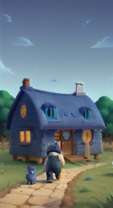  {Max walking back towards the cozy little house with droopy eyes, as twilight falls, The big blue dog is large with sky blue fur, big round eyes, a black nose, and floppy ears.