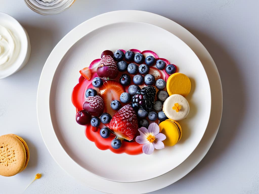  An intricately designed, minimalistic plate featuring a visually stunning arrangement of colorful, glutenfree dessert components such as fresh berries, edible flowers, delicate macarons, and elegantly drizzled sauces. The composition showcases a variety of textures, shapes, and colors, creating a visually appealing and appetizing image that conveys the concept of multisensorial glutenfree desserts with finesse and sophistication. Each element is meticulously placed to evoke a sense of artistry and culinary mastery, appealing to the reader's senses and sparking their creativity. hyperrealistic, full body, detailed clothing, highly detailed, cinematic lighting, stunningly beautiful, intricate, sharp focus, f/1. 8, 85mm, (centered image composition), (professionally color graded), ((bright soft diffused light)), volumetric fog, trending on instagram, trending on tumblr, HDR 4K, 8K