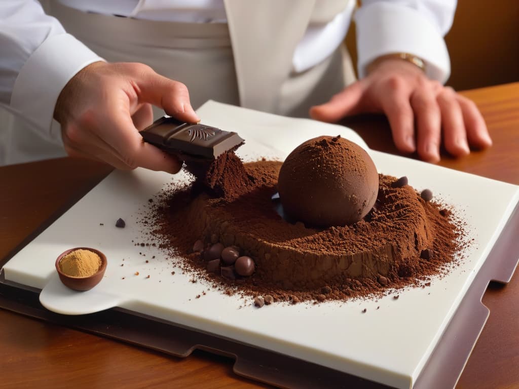  An ultradetailed image of a skilled chocolatier meticulously handcrafting a gourmet chocolate truffle, showcasing the intricate process of rolling the truffle in cocoa powder. The scene captures the precise movements of the chocolatier's hands, the rich texture of the cocoa powder dusting the truffle, and the elegant simplicity of the overall setup, emphasizing the artistry and expertise involved in creating gourmet chocolates. hyperrealistic, full body, detailed clothing, highly detailed, cinematic lighting, stunningly beautiful, intricate, sharp focus, f/1. 8, 85mm, (centered image composition), (professionally color graded), ((bright soft diffused light)), volumetric fog, trending on instagram, trending on tumblr, HDR 4K, 8K