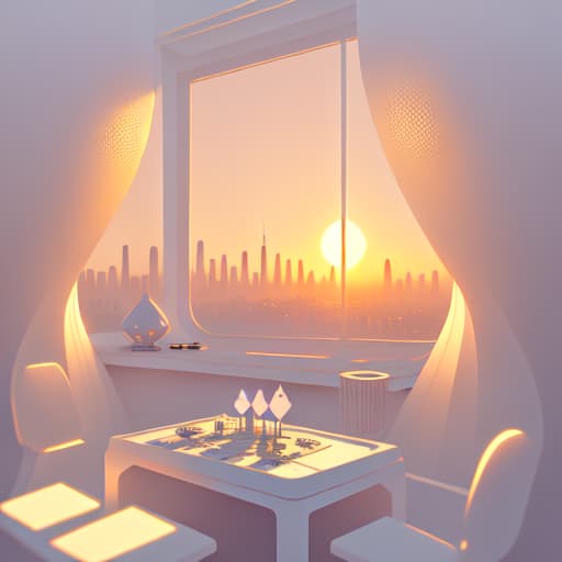 in OliDisco style Futuristic style. Deck of cards over white table. Sunset through a window with a city view. White and soft tones.