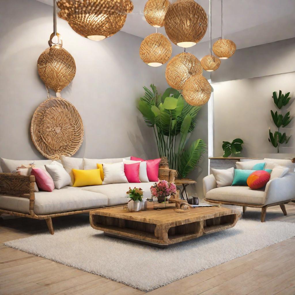   Design a home interior of a room in tropical style using light hanging. 8k, cinematic lighting, HDR