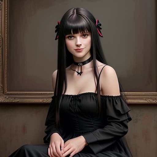  best quality, masterpiece, photorealistic, 1girl, solo, cowboy shot, sitting, long black straight hair, blunt bangs, looking at viewer, smile, lo dress, long dress, layered dress, choker, bow, long sleeves