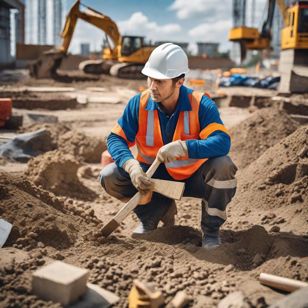  Masterpiece, best quality, a civil worker in a reflective vest and helmet, kneeling on the ground, one knee buried in soft soil, surrounded by scattered tools and materials on a construction site, focused and determined, as if a worker were working hard on a project, in the style of realistic photos that capture the details of the worker's attire and construction site, and the natural warm sunlight casts soft shadows. This hint can be achieved with high-resolution DSLRs, using wide-angle lenses and aperture settings for depth of field.