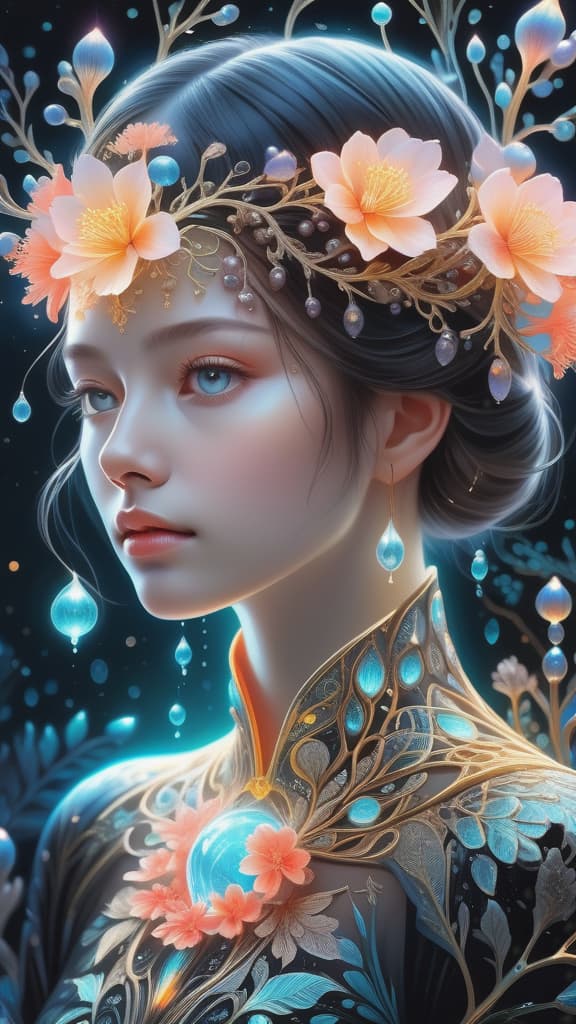  photo RAW, (Ultra detailed illustration of a person lost in a magical world of wonders, glowy, bioluminescent flora, incredibly detailed, pastel colors, art by Mschiffer, night, bioluminescence, ultrarealistic, hyperrealistice, hyperdetailed: shiny aura, highly detailed, black pearls, gold and coral filigree, intricate motifs, organic tracery, Kiernan Shipka, Januz Miralles, Hikari Shimoda, glowing stardust by W. Zelmer, perfect composition, smooth, sharp focus, sparkling particles, lively coral reef colored background Realistic, realism, hd, 35mm photograph, 8k), masterpiece, award winning photography, natural light, perfect composition, high detail, hyper realistic, add depth, water background