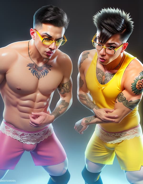  tattooed brothers with yellow glasses and white lace socks are playing basketball，gay，Asian，Asiatic，Asian，Asian， portrait, happy colors, bright eyes, clear eyes, warm smile, smooth soft skin，symmetrical, anime wide eyes，big bulge， huge pectorales, naked whole body <lora:360-skybox-environment:1> hyperrealistic, full body, detailed clothing, highly detailed, cinematic lighting, stunningly beautiful, intricate, sharp focus, f/1. 8, 85mm, (centered image composition), (professionally color graded), ((bright soft diffused light)), volumetric fog, trending on instagram, trending on tumblr, HDR 4K, 8K