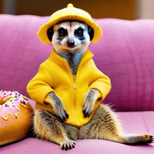  a meerkat with a yellow hat eating a donut sitting on a big sofa