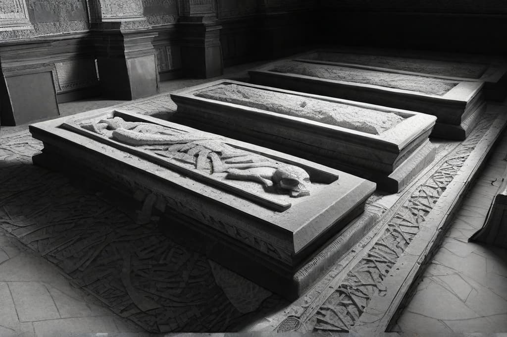  Highlight the texture and shadow play on the sarcophagi and the debris covered floor, emphasizing an atmosphere of age, neglect, and historical mystery.