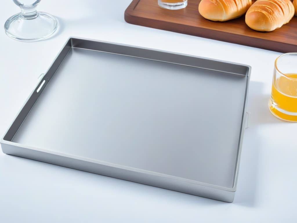  A closeup, ultradetailed image of a shiny stainless steel baking tray, showcasing its sleek surface with subtle reflections and intricate brushed metal texture. The focus is on the intricate patterns and flawless finish, highlighting the durability and professional quality of the stainless steel material. hyperrealistic, full body, detailed clothing, highly detailed, cinematic lighting, stunningly beautiful, intricate, sharp focus, f/1. 8, 85mm, (centered image composition), (professionally color graded), ((bright soft diffused light)), volumetric fog, trending on instagram, trending on tumblr, HDR 4K, 8K