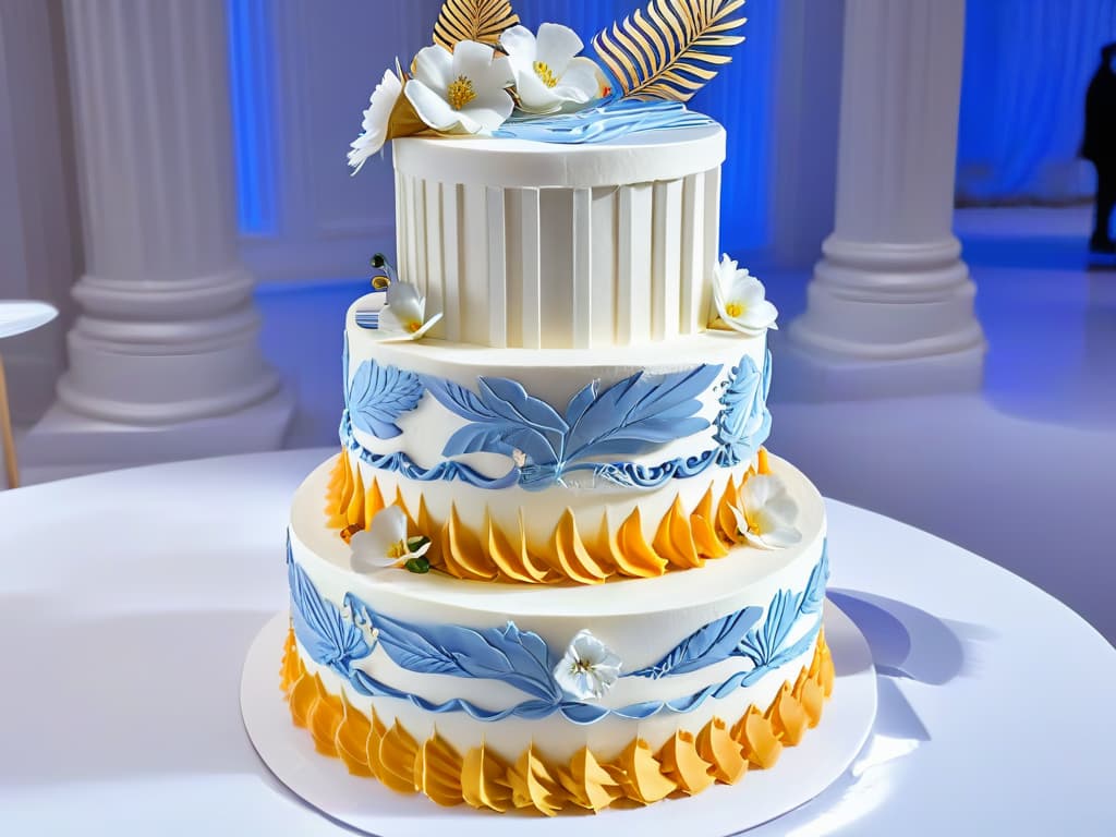  An intricate neoclassicalinspired cake adorned with delicate sculpted Greek columns, ornate floral patterns, and elegant marblelike fondant details, set against a clean, white backdrop, showcasing the fusion of ancient art elements with modern pastry design. hyperrealistic, full body, detailed clothing, highly detailed, cinematic lighting, stunningly beautiful, intricate, sharp focus, f/1. 8, 85mm, (centered image composition), (professionally color graded), ((bright soft diffused light)), volumetric fog, trending on instagram, trending on tumblr, HDR 4K, 8K