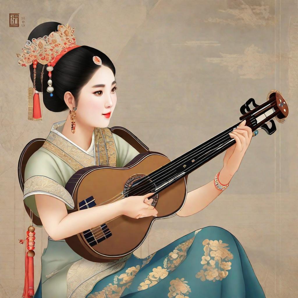  A Dong girl is playing the pipa.