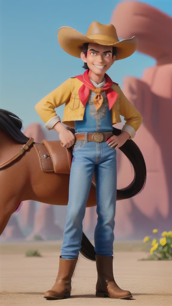  masterpiece, best quality, masterpiece,best quality,full body,cowboy shot,exquisite facial features,prefect face,male,solo,closed mouth,grin,short hair,black hair,wavy hair,red neckerchief,sunglasses,denim jacket,western,belt,Cowboy hat,boots,look at viewer,upright straddle,horse riding,holding flower,hand_on_hip,in spring,sun,on a desert,disney movie,style of Pixar