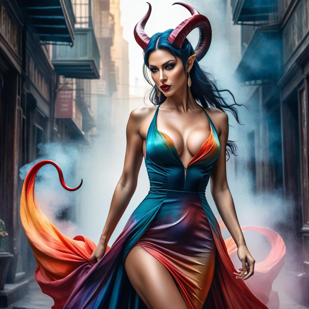  watercolor painting To its fullest extent. A person. Bent horns. A long tail. Succubus. Athletic body. A short dress. Watercolor. Sketch. . vibrant, beautiful, painterly, detailed, textural, artistic hyperrealistic, full body, detailed clothing, highly detailed, cinematic lighting, stunningly beautiful, intricate, sharp focus, f/1. 8, 85mm, (centered image composition), (professionally color graded), ((bright soft diffused light)), volumetric fog, trending on instagram, trending on tumblr, HDR 4K, 8K