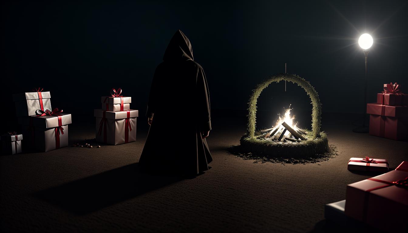  cinematic, aesthetic, A pair of scales, heavily tilted, on one side, a mound of gifts and offerings, on the other side, a lone figure slumped, overburdened, surrounded by darkness, imbalance, self neglect, 4k, HDR, lens flare