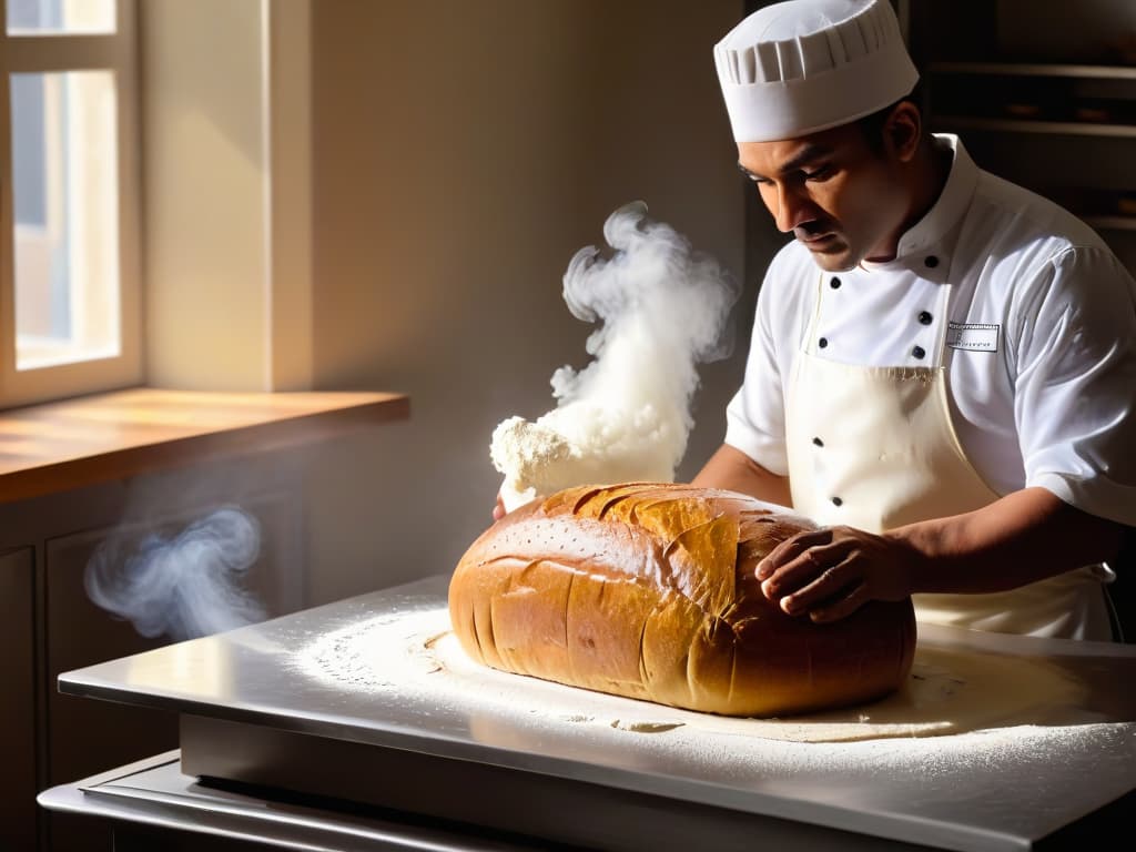  An intricately detailed photorealistic image of a professional baker meticulously shaping a glutenfree bread loaf by hand, with flour gently dusting the air around as the sunlight filters through a nearby window, highlighting the texture and craftsmanship of the process. hyperrealistic, full body, detailed clothing, highly detailed, cinematic lighting, stunningly beautiful, intricate, sharp focus, f/1. 8, 85mm, (centered image composition), (professionally color graded), ((bright soft diffused light)), volumetric fog, trending on instagram, trending on tumblr, HDR 4K, 8K