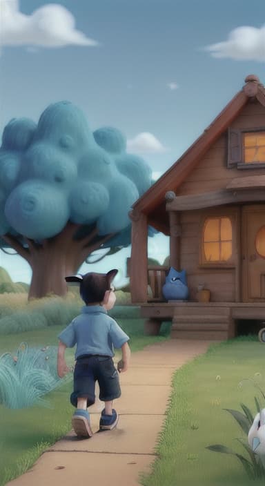  {Max walking back towards the cozy little house with droopy eyes, as twilight falls, The big blue dog is large with sky blue fur, big round eyes, a black nose, and floppy ears.