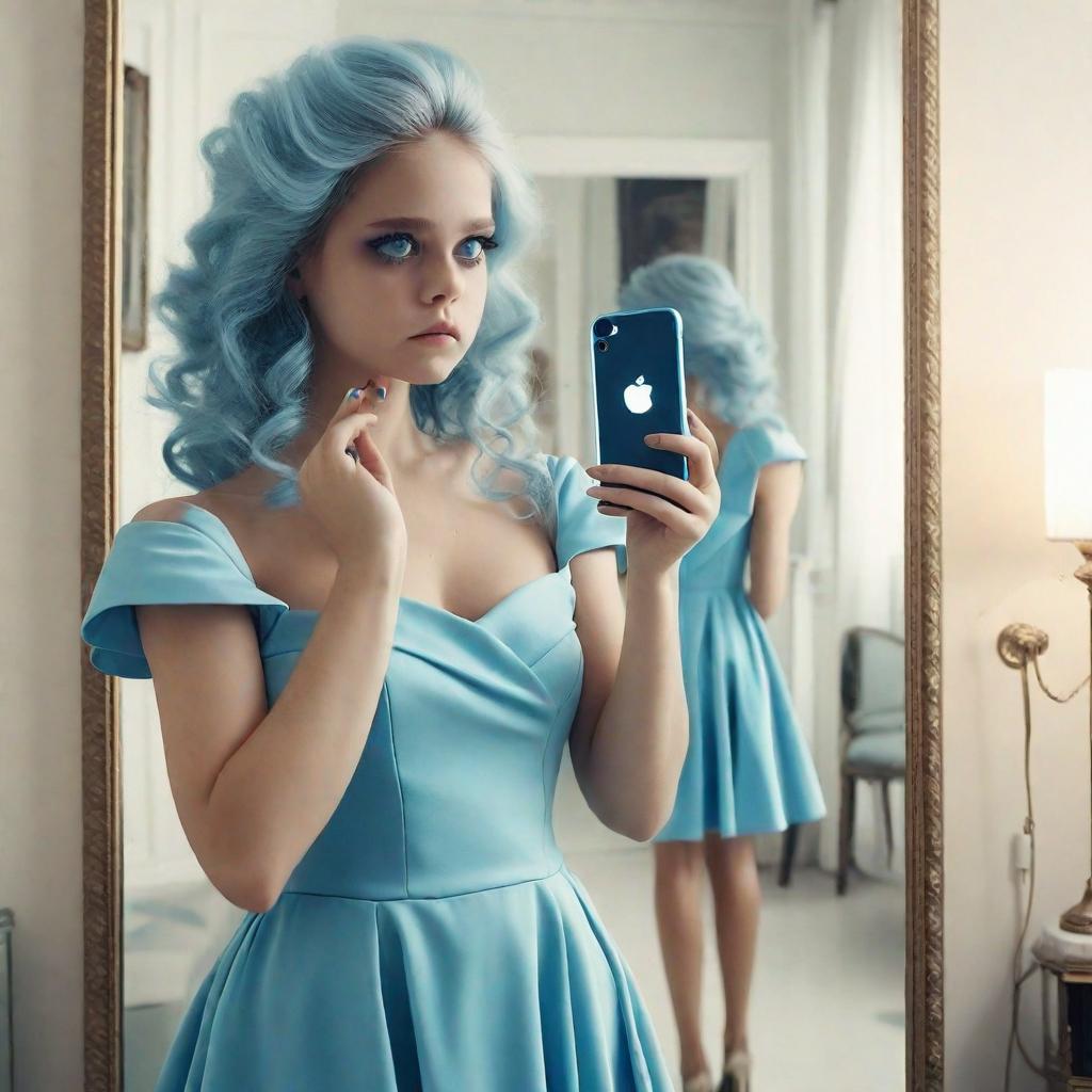  A old with light blue eye color that her hair will be long and a long blue dress and that she takes a picture with her iPhone in front of a big mirror and she is opposite the mirror when you see her back and she looks at herself in the mirror