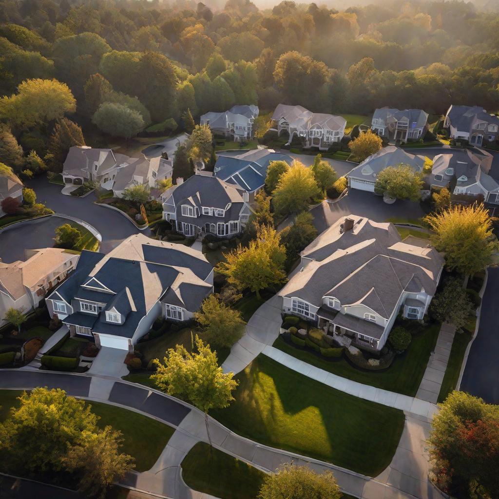  aerial view of residential subdivision hyperrealistic, full body, detailed clothing, highly detailed, cinematic lighting, stunningly beautiful, intricate, sharp focus, f/1. 8, 85mm, (centered image composition), (professionally color graded), ((bright soft diffused light)), volumetric fog, trending on instagram, trending on tumblr, HDR 4K, 8K