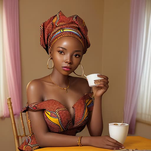  a young African lady sitting in her room beautifully decorated, she is has an earpiece in her ear and sitting at a table with a cup of juice on it