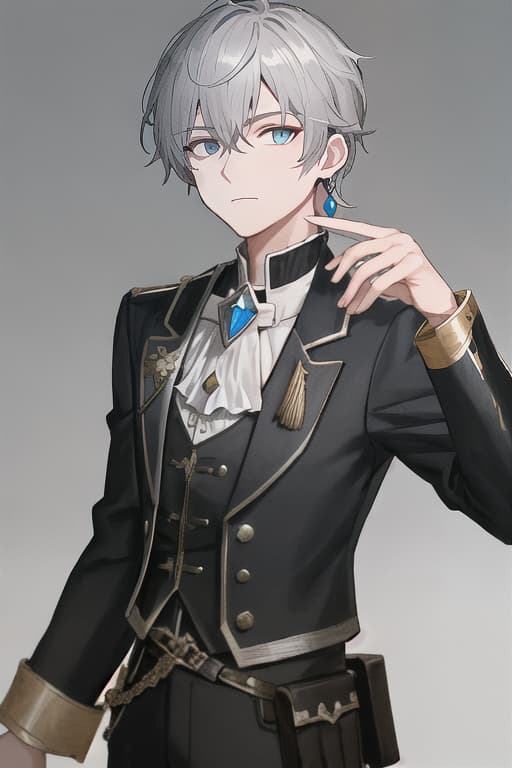  solo,looking at viewer,short hair,bangs,blue eyes,simple background,shirt,long sleeves,1boy,white background,hair between eyes,jewelry,closed mouth,upper body,grey hair,male focus,earrings,frills,hand up,grey background,black shirt,brooch,gem,low ponytail,blue gemstone