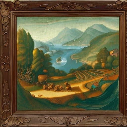  Leonardo da Vinci landscape painting, elements in the picture are running rabbits, the sea, the Milky Way, forest.