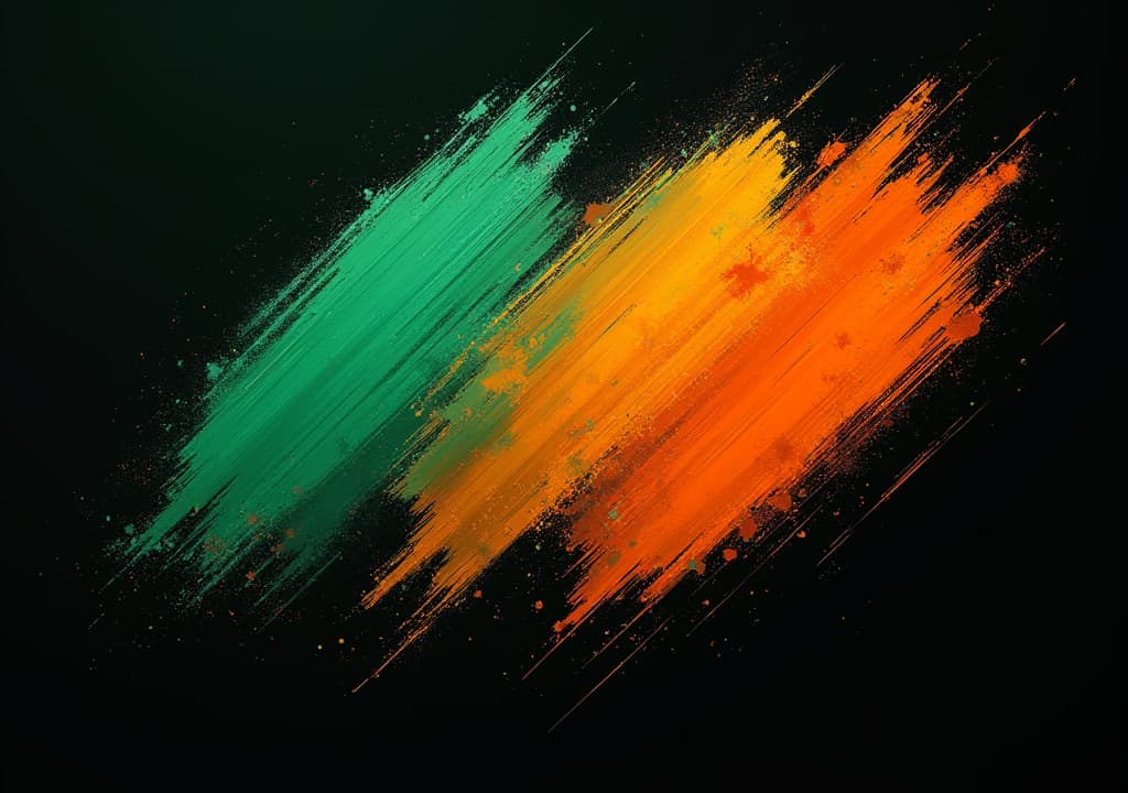  good quality, high quality, abstract grunge brushed strokes, green and orange over black