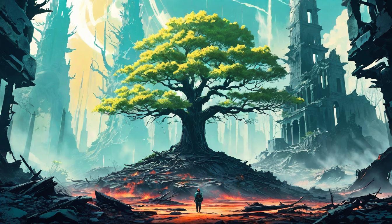  retro futuristic A single tree standing resilient amidst the ruins of a burnt forest, stark but budding new leaves, sun rays filtering through the branches, atmosphere of resilience, new beginnings, against the odds lvintage sci fi, 50s and 60s style, atomic age, vibrant, highly detailed