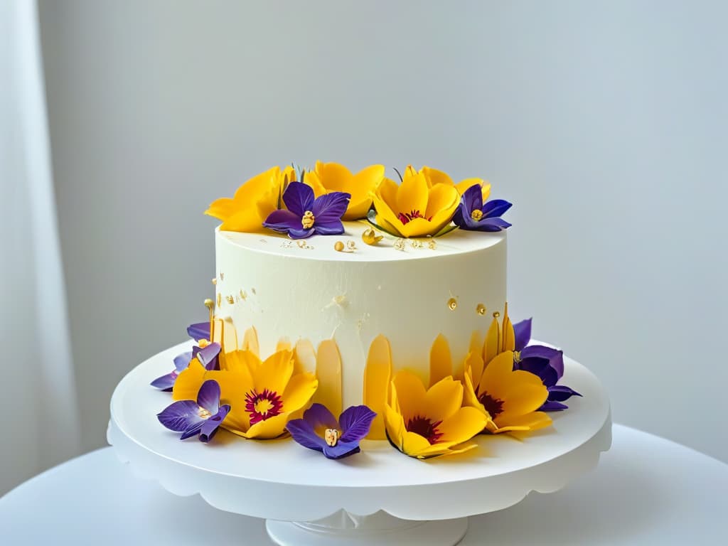  An ultradetailed closeup image of a shiny, perfectly sculpted mousse cake, showcasing intricate layers of different textures and colors, topped with delicate edible flowers and gold leaf accents. The light hits the cake just right, highlighting its smooth surface and elegant design, while the background fades into a soft blur, emphasizing the cake's beauty and craftsmanship. hyperrealistic, full body, detailed clothing, highly detailed, cinematic lighting, stunningly beautiful, intricate, sharp focus, f/1. 8, 85mm, (centered image composition), (professionally color graded), ((bright soft diffused light)), volumetric fog, trending on instagram, trending on tumblr, HDR 4K, 8K