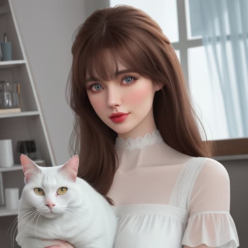  A girl named Sally has brown hair that reaches her shoulder, and has bangs She holds a white cat and acrylic paints and paintings behind her She's 18 and she's cute hyperrealistic, full body, detailed clothing, highly detailed, cinematic lighting, stunningly beautiful, intricate, sharp focus, f/1. 8, 85mm, (centered image composition), (professionally color graded), ((bright soft diffused light)), volumetric fog, trending on instagram, trending on tumblr, HDR 4K, 8K