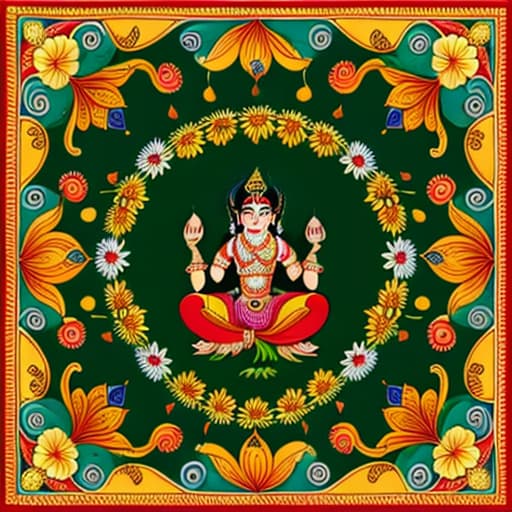  Pattachitra painting, Lord Rama Darbar, vibrant colors, red background, Rama golden throne, Sita left side, Hanuman kneeling, green meadow flowers foreground, decorative floral geometric border.