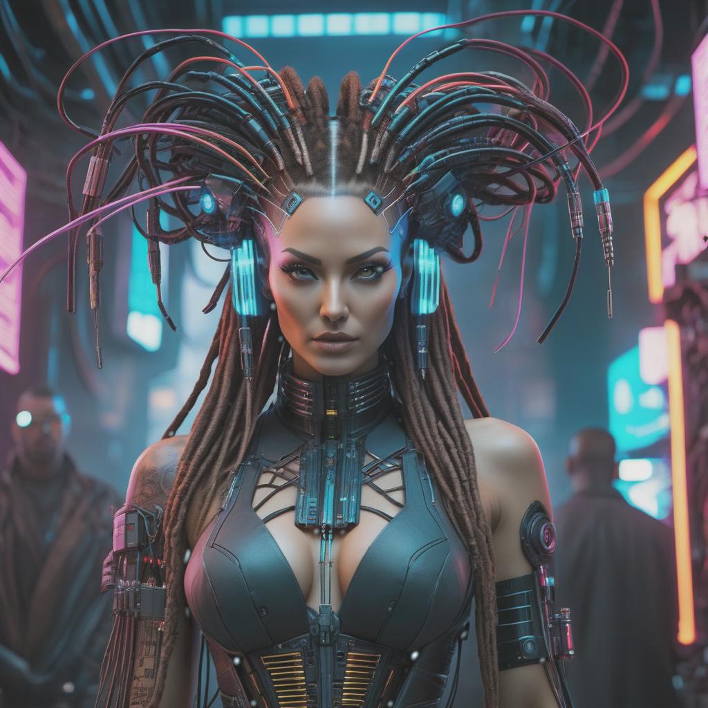  cyberpunk game style A cybernetic woman with multiple bundles of wires on her head, which replace her hair and resemble dreadlocks. . neon, dystopian, futuristic, digital, vibrant, detailed, high contrast, reminiscent of cyberpunk genre video games hyperrealistic, full body, detailed clothing, highly detailed, cinematic lighting, stunningly beautiful, intricate, sharp focus, f/1. 8, 85mm, (centered image composition), (professionally color graded), ((bright soft diffused light)), volumetric fog, trending on instagram, trending on tumblr, HDR 4K, 8K