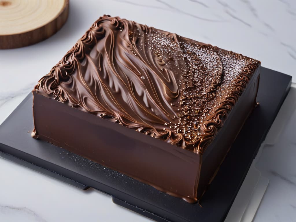  A minimalist image of a dark chocolate bar with intricate swirls of caramelized sugar on top, set against a clean, white marble background. The chocolate bar is partially unwrapped, revealing a glossy, rich texture that glistens under soft, natural lighting. The focus is on the fine details of the chocolate's surface, highlighting its luxurious and artisanal qualities. hyperrealistic, full body, detailed clothing, highly detailed, cinematic lighting, stunningly beautiful, intricate, sharp focus, f/1. 8, 85mm, (centered image composition), (professionally color graded), ((bright soft diffused light)), volumetric fog, trending on instagram, trending on tumblr, HDR 4K, 8K