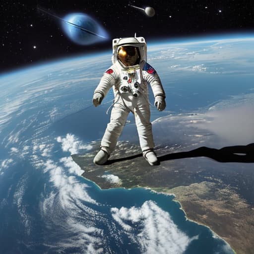  Please help me generate a picture of growing up to be an astronaut. Requirements: Picture Scale Requirements Widescreen Earth in space in the background, people in spacesuits in the middle, people make up 30% of the image. ，