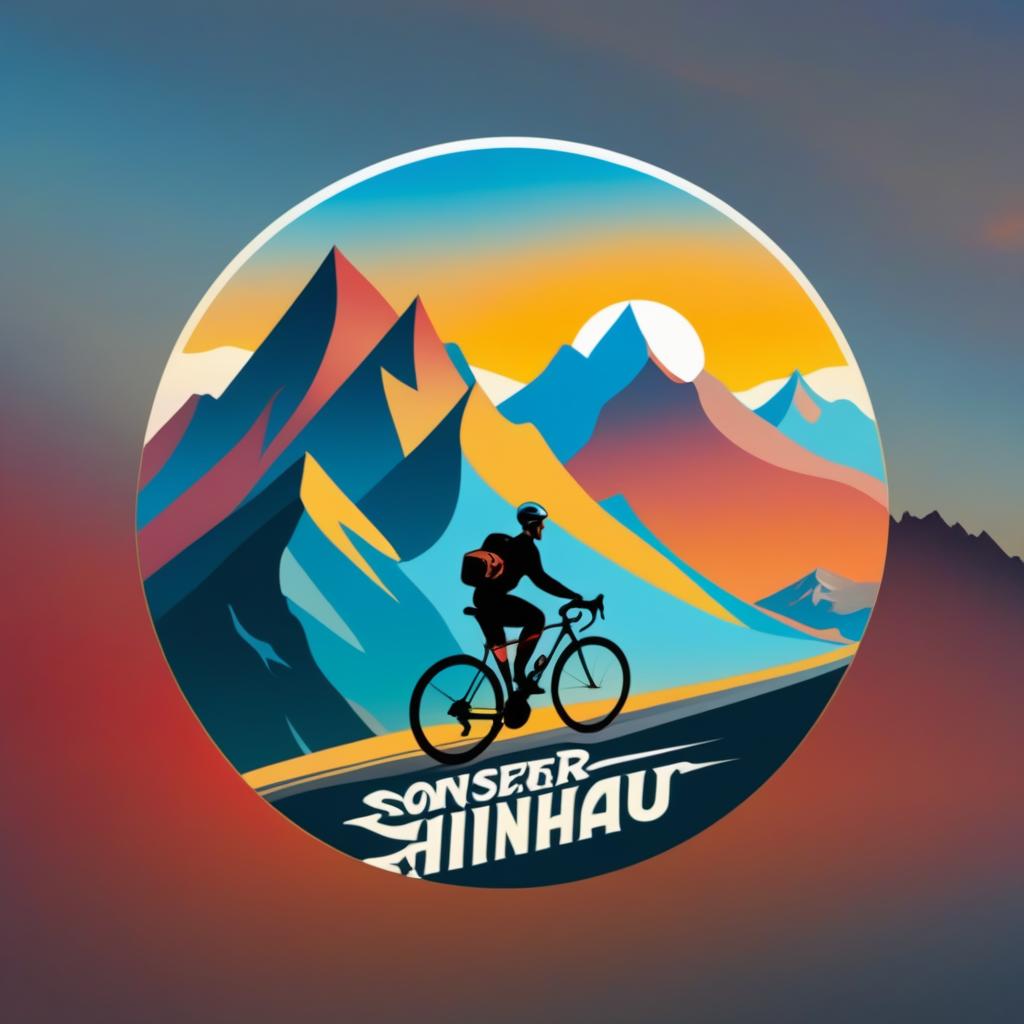  Logo, (surrealism style), Stilfser Joch Bergpass bei Sonnenuntergang mit dem Rennrad hinauf fahren