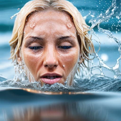  tanned blonde woman's face sinking in the water she's panic a lot of water waves and splashes around her