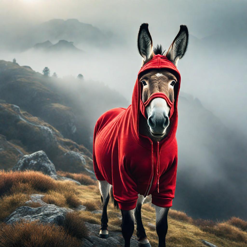  donkey wearing red hoodie standing on mountain top --s2 hyperrealistic, full body, detailed clothing, highly detailed, cinematic lighting, stunningly beautiful, intricate, sharp focus, f/1. 8, 85mm, (centered image composition), (professionally color graded), ((bright soft diffused light)), volumetric fog, trending on instagram, trending on tumblr, HDR 4K, 8K