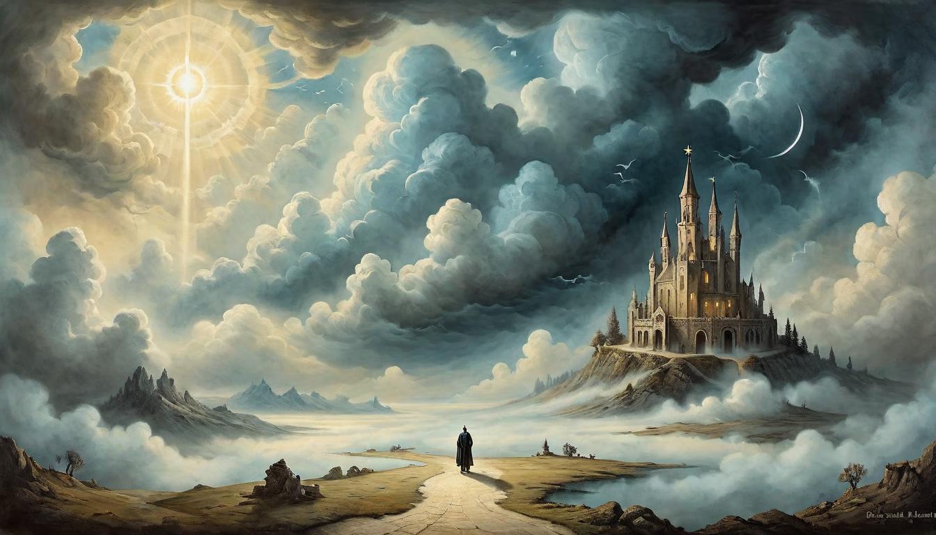  on parchment, surrealism+++, A shining figure in the distance, divine light piercing through clouds, world waiting in anticipation, hopeful, visionary(mysterious, provocative, symbolic,muted color)+++