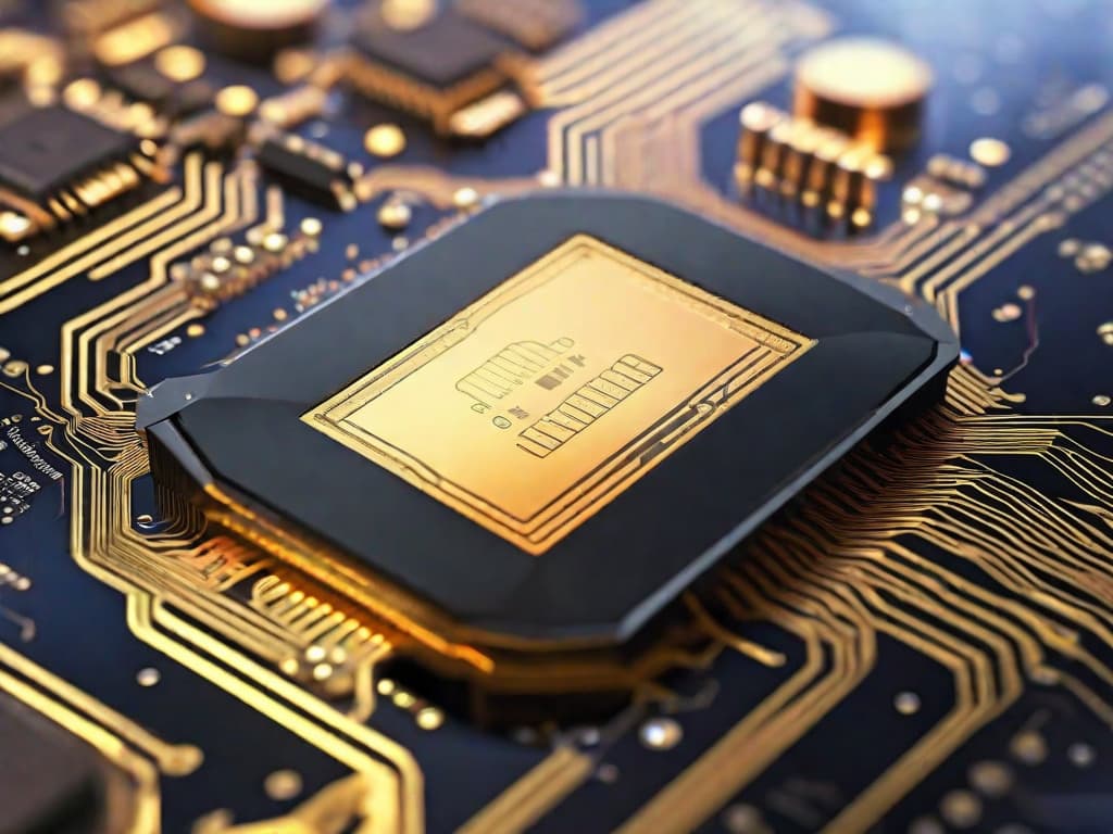  A close-up photo of a sleek, futuristic-looking microchip resting on a reflective surface, with intricate circuitry and tiny components visible. The chip is surrounded by a soft, warm glow, highlighting its advanced technology and cutting-edge design. digital art, ilustration, no flares, clean hyperrealistic, full body, detailed clothing, highly detailed, cinematic lighting, stunningly beautiful, intricate, sharp focus, f/1. 8, 85mm, (centered image composition), (professionally color graded), ((bright soft diffused light)), volumetric fog, trending on instagram, trending on tumblr, HDR 4K, 8K