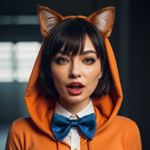  masterpiece, best quality, 1, solo, animal ears, bow, teeth, jacket, tail, open mouth, brown hair, orange background, bowtie, orange nails, simple background, cat ears, orange eyes, blue bow, animal ear fluff, cat tail, looking at viewer, upper body, shirt, uniform, hood, striped bow, striped, white shirt, black jacket, blue bowtie, fingernails, long sleeves, cat , bangs, fangs, collared shirt, striped bowtie, short hair, tongue, hoodie, sharp teeth, facial mark, claw pose hyperrealistic, full body, detailed clothing, highly detailed, cinematic lighting, stunningly beautiful, intricate, sharp focus, f/1. 8, 85mm, (centered image composition), (professionally color graded), ((bright soft diffused light)), volumetric fog, trending on instagram, trending on tumblr, HDR 4K, 8K