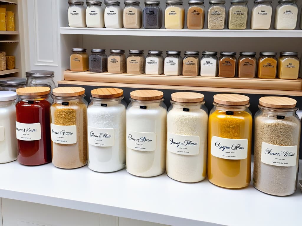  An ultradetailed image of a pristine white marble countertop, with a sleek glass jar filled with a variety of organic alternative flours neatly arranged in a row. Each flour type is labeled elegantly in calligraphy on small wooden tags, showcasing a range of colors and textures, from almond flour to coconut flour, creating a visually appealing and informative display for vegan baking enthusiasts. hyperrealistic, full body, detailed clothing, highly detailed, cinematic lighting, stunningly beautiful, intricate, sharp focus, f/1. 8, 85mm, (centered image composition), (professionally color graded), ((bright soft diffused light)), volumetric fog, trending on instagram, trending on tumblr, HDR 4K, 8K