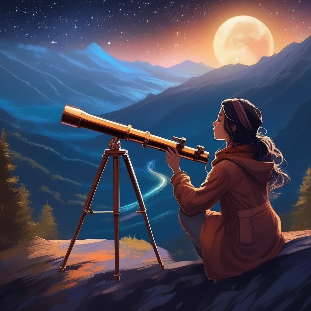  concept art A girl in the mountains looks at the stars through a telescope . digital artwork, illustrative, painterly, matte painting, highly detailed