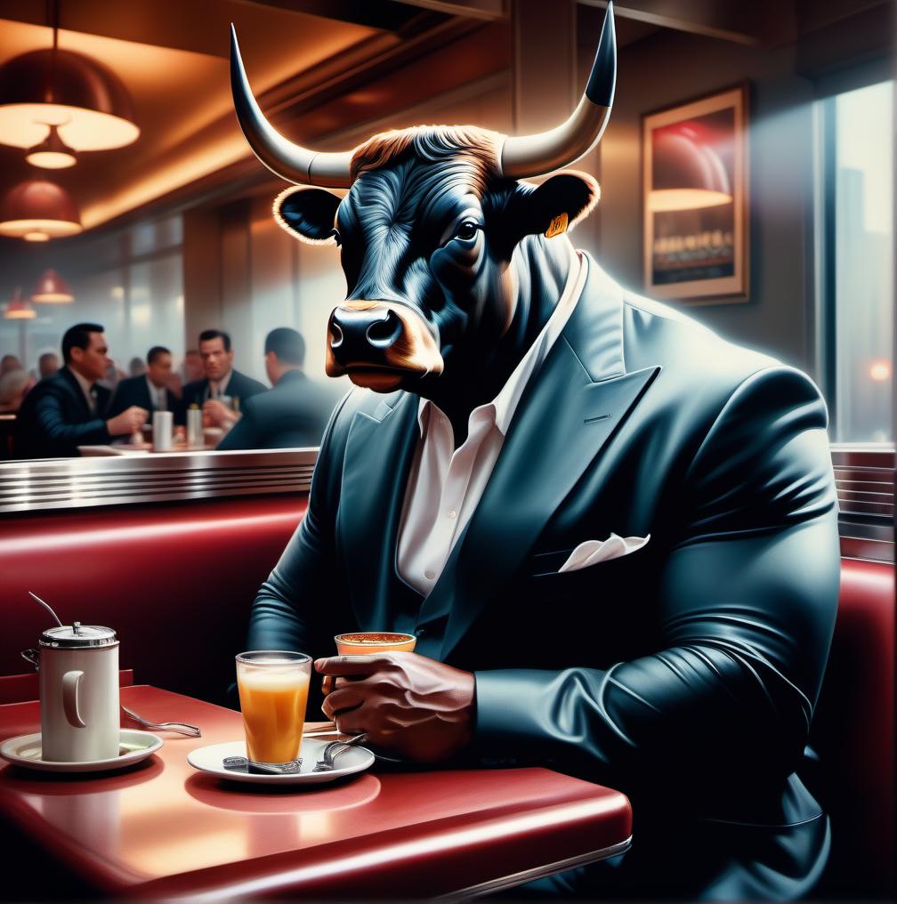  painting of a bull in a upscale New York diner hyperrealistic, full body, detailed clothing, highly detailed, cinematic lighting, stunningly beautiful, intricate, sharp focus, f/1. 8, 85mm, (centered image composition), (professionally color graded), ((bright soft diffused light)), volumetric fog, trending on instagram, trending on tumblr, HDR 4K, 8K