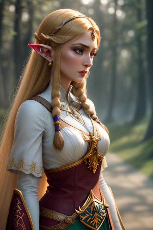  Princess Zelda hyperrealistic, full body, detailed clothing, highly detailed, cinematic lighting, stunningly beautiful, intricate, sharp focus, f/1. 8, 85mm, (centered image composition), (professionally color graded), ((bright soft diffused light)), volumetric fog, trending on instagram, trending on tumblr, HDR 4K, 8K