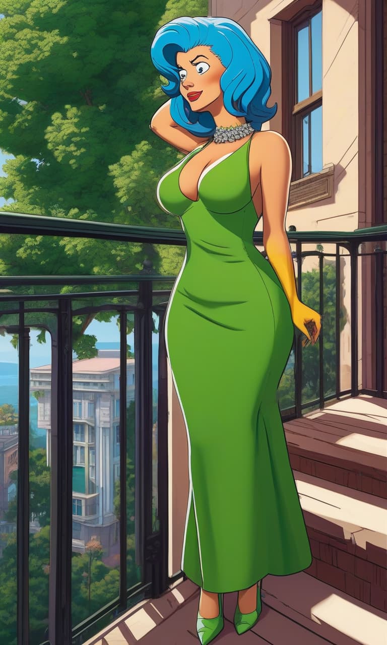  stacked papercut art of Character of Marge Simpson, concept art, with thick blue hair, smiling, showing teeth, wearing a long green evening gown, diamond necklace, standing on a balcony of the house, 2D, anime, hyper detailed clothing, (hyper detailed face), (masterpiece: 1.4), (ideal eyes: 1.1), (deep green eyes). . 3D, layered, dimensional, depth, precision cut, stacked layers, papercut, high contrast hyperrealistic, full body, detailed clothing, highly detailed, cinematic lighting, stunningly beautiful, intricate, sharp focus, f/1. 8, 85mm, (centered image composition), (professionally color graded), ((bright soft diffused light)), volumetric fog, trending on instagram, trending on tumblr, HDR 4K, 8K