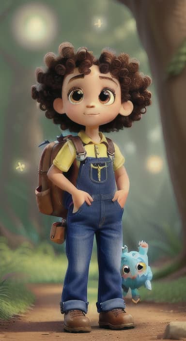  {The tree with a twinkling eye, while its leaves gently rustle., Riley, a curious with big brown eyes and curly hair, wearing overalls and carrying a small backpack. Their friend, Skye, a bluebird with shiny feathers.