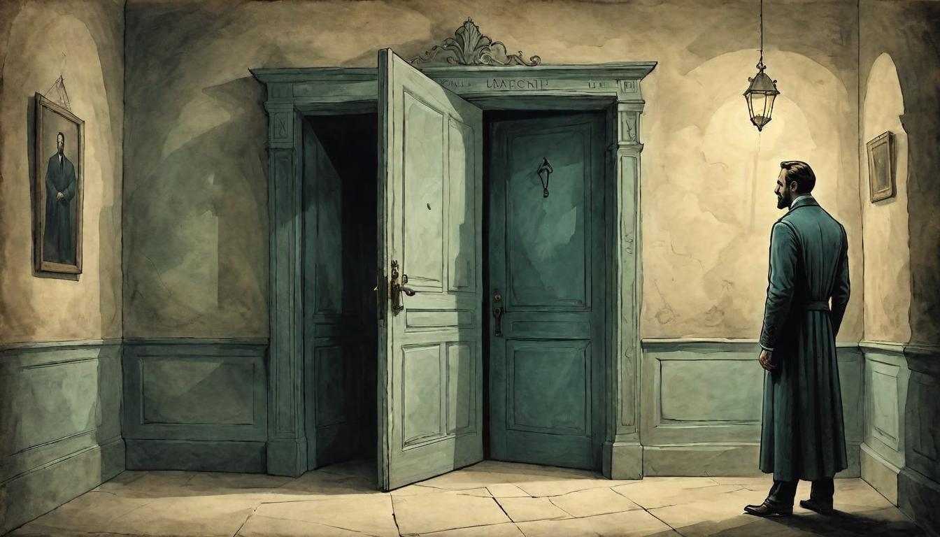  on parchment, surrealism+++, Meeting room with a closed door, seen from the outside, shadowy figure standing just outside the door, missed opportunities, exclusion.(mysterious, provocative, symbolic,muted color)+++