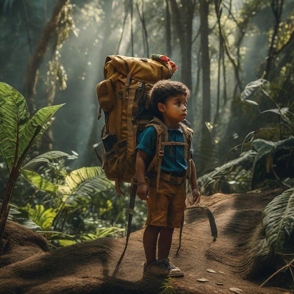  Imagen de un niño con una mochila en una selva mística hyperrealistic, full body, detailed clothing, highly detailed, cinematic lighting, stunningly beautiful, intricate, sharp focus, f/1. 8, 85mm, (centered image composition), (professionally color graded), ((bright soft diffused light)), volumetric fog, trending on instagram, trending on tumblr, HDR 4K, 8K