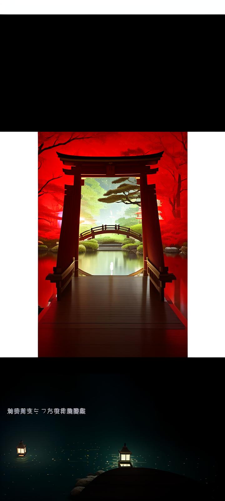  masterpiece, best quality, (Fidelity: 1.4), Best Quality, Masterpiece, Ultra High Resolution, 8k resolution, A night view inspired by Japanese art, featuring a garden illuminated by paper lanterns and a wooden bridge spanning a tranquil lake, by the lakeside, there is a small Zen temple. The water reflects the starry sky.